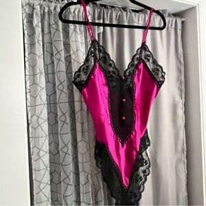 Vintage Hot Pink Satin & Black Lace Teddy Bodysuit M